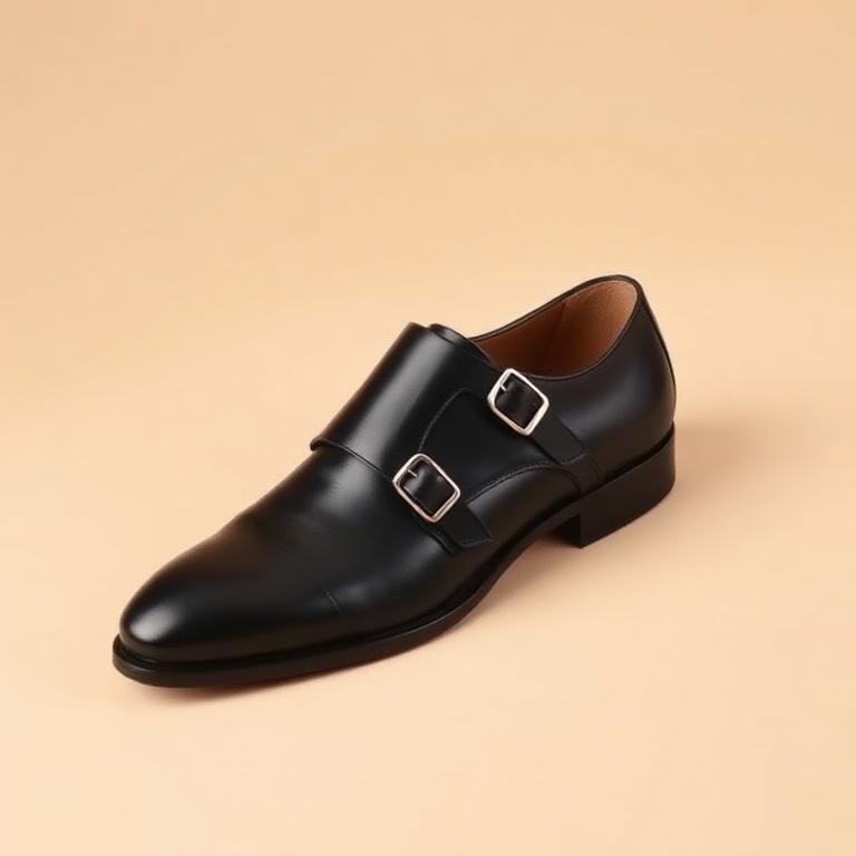 Black leather double monk strap bespoke shoe with silver buckles